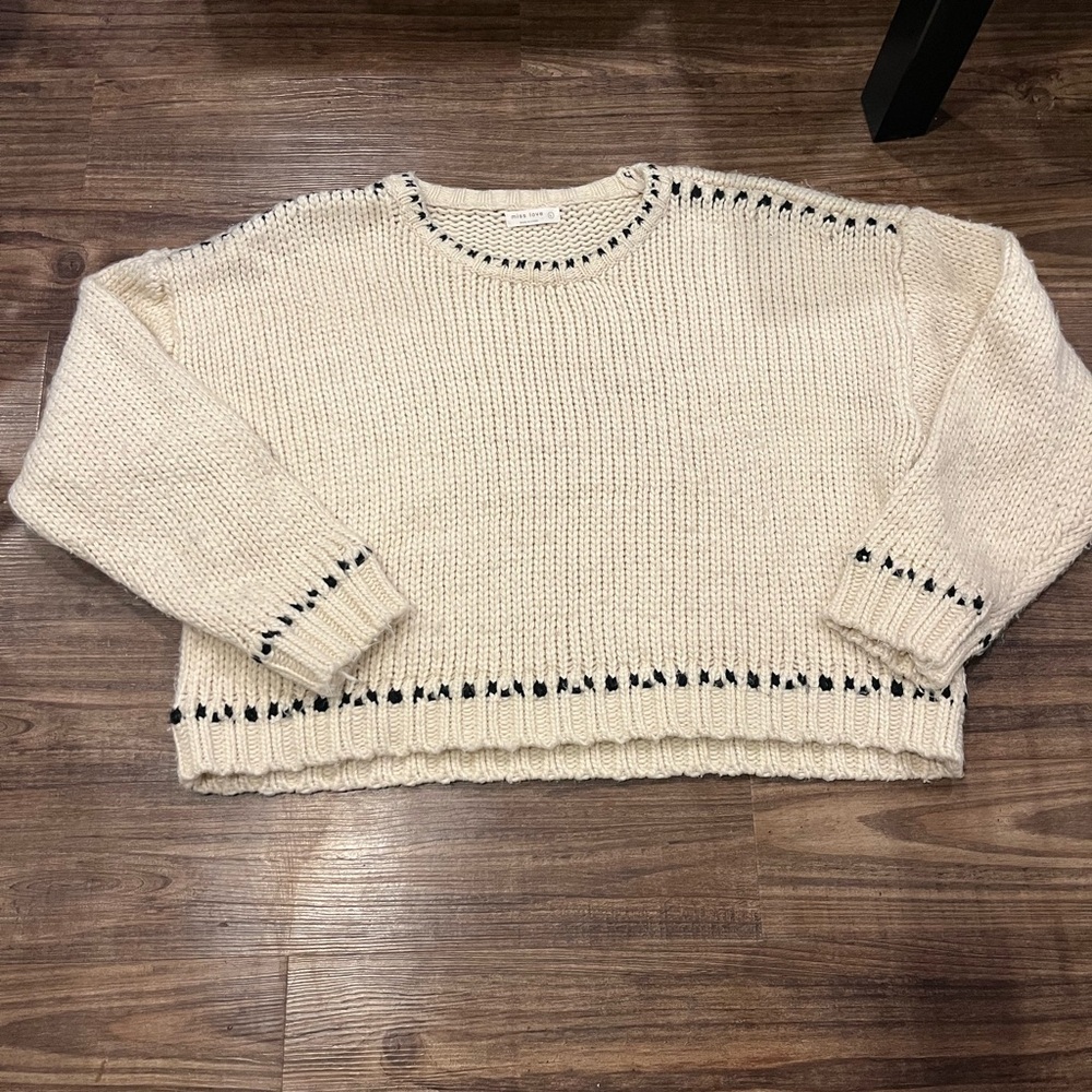 Cream and Black Crew Neck Sweater with Decorative Pattern